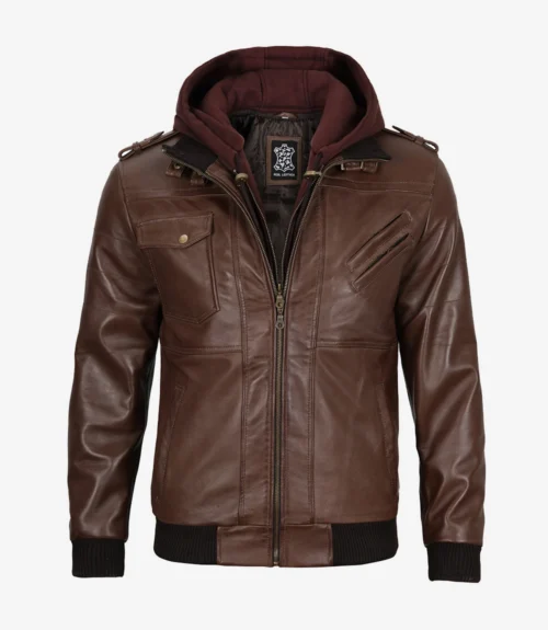 Brown leather jacket with a zip-up front, multiple pockets, and a detachable maroon hood. It exudes a rugged and stylish appearance.
