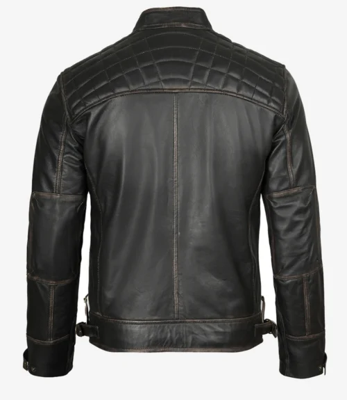 Black leather jacket with quilted shoulders and detailed stitching, viewed from the back. The tone is rugged and stylish, conveying a classic look.