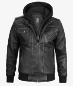 Men’s grey bomber leather jacket with front zipper and ribbed hem