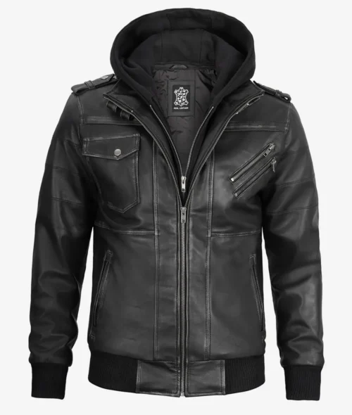 Men’s grey bomber leather jacket with front zipper and ribbed hem