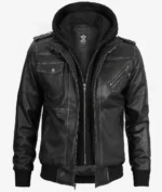 Modern men’s grey bomber style leather jacket with hood