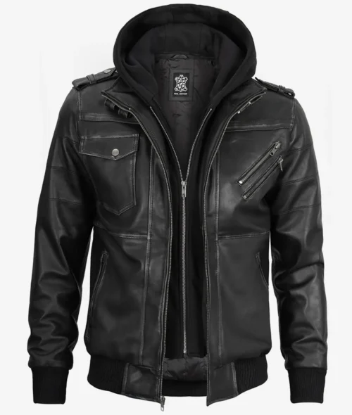 Modern men’s grey bomber style leather jacket with hood