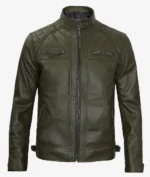 Dark olive green leather jacket with a high collar, front zipper, quilted shoulders, and zippered pockets, conveying a sleek, modern look.