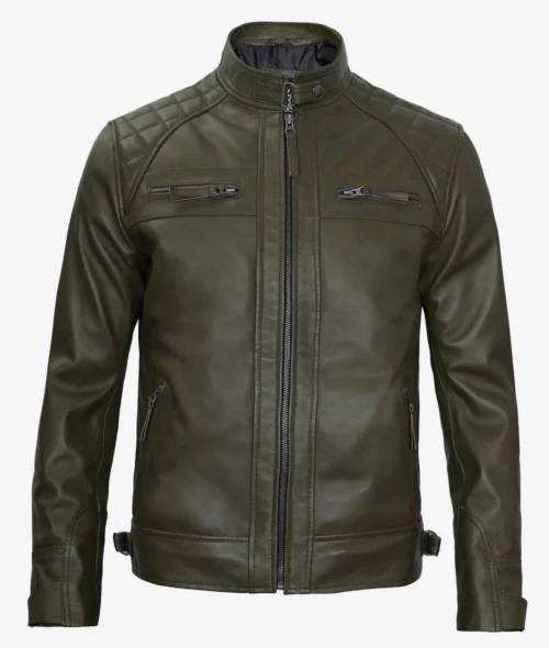 Dark olive green leather jacket with a high collar, front zipper, quilted shoulders, and zippered pockets, conveying a sleek, modern look.