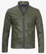 Olive green leather jacket with a high collar and symmetrical design. It features two chest zip pockets, side zip pockets, and a front zipper closure. The style is sleek and modern.