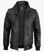 Stylish men’s grey bomber leather jacket with attached hood