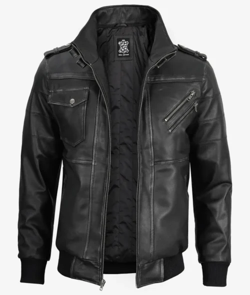 Stylish men’s grey bomber leather jacket with attached hood