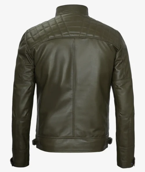 Dark green leather jacket shown from the back. Features quilted shoulder detailing and adjustable side straps, conveying a sleek, modern look.