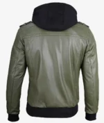 Green leather jacket with a black hood, viewed from the back. It has ribbed cuffs and hem, offering a stylish and casual look.