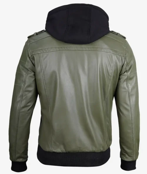 Green leather jacket with a black hood, viewed from the back. It has ribbed cuffs and hem, offering a stylish and casual look.