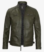 Olive green leather jacket with a stand-up collar, quilted shoulders, front zipper closure, and four zippered pockets. Stylish and modern design.