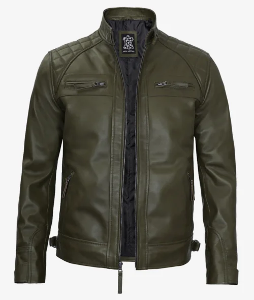 Olive green leather jacket with a stand-up collar, quilted shoulders, front zipper closure, and four zippered pockets. Stylish and modern design.