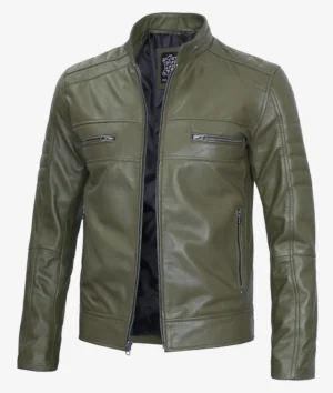 Olive green leather jacket with a sleek design, featuring a zippered closure, two chest pockets, and a stand-up collar. The style is modern and bold.