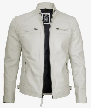 A sleek white leather jacket with a high collar, unzipped to reveal a dark interior. Features zippered pockets and minimal stitching, conveying a modern, stylish look.