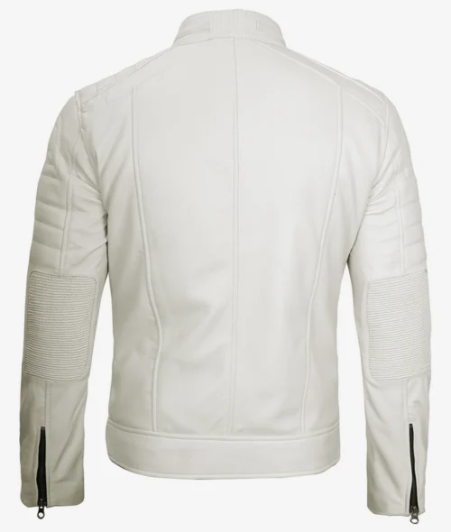 White leather jacket viewed from the back, featuring padded shoulders, ribbed elbow patches, and zippers on the cuffs. The style is sleek and modern.
