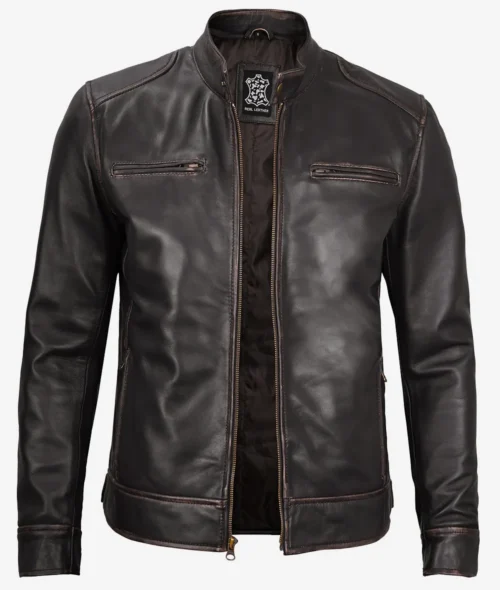 A sleek dark brown leather jacket with a front zipper, high collar, and two chest pockets. The jacket exudes a stylish, rugged vibe.