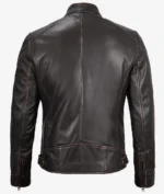 Back view of a brown leather jacket with detailed stitching and a stand-up collar. The jacket has adjustable waist straps and zipped cuffs, projecting a rugged style.