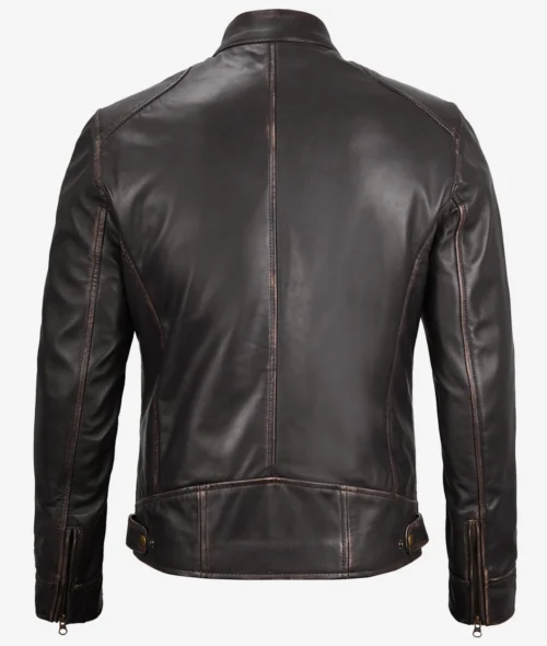 Back view of a brown leather jacket with detailed stitching and a stand-up collar. The jacket has adjustable waist straps and zipped cuffs, projecting a rugged style.