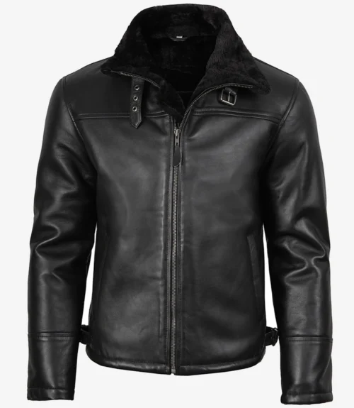 Black leather jacket with front zipper, high plush-lined collar, and buckle detail. The sleek, modern design conveys a cool, edgy vibe.