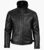 Black leather jacket with a high collar and front zipper, featuring a sleek design and subtle stitching details. The tone is stylish and modern.