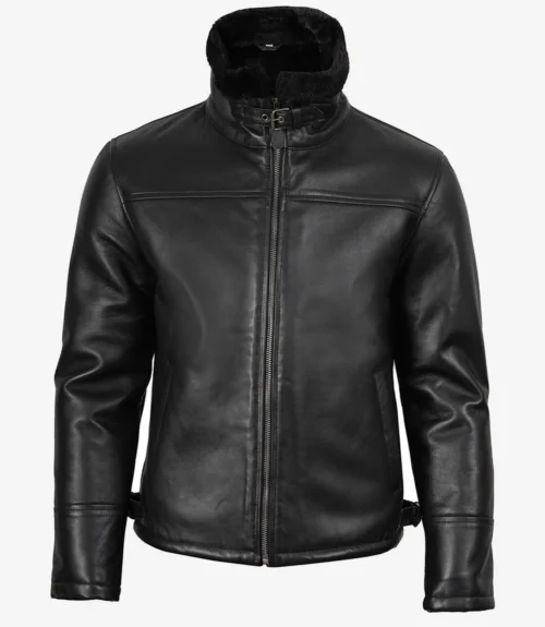 Black leather jacket with a high collar and front zipper, featuring a sleek design and subtle stitching details. The tone is stylish and modern.