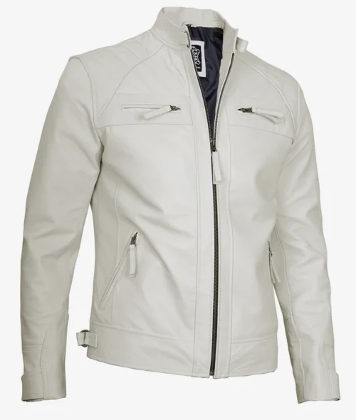 A sleek white leather jacket with a stand collar and zip front. Features zippered chest and side pockets, and adjustable waist straps, exuding a modern, edgy vibe.
