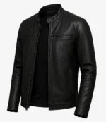 Sleek black leather jacket with a stand collar, zippered chest pocket, and side pockets, exuding a stylish, modern, and confident look.