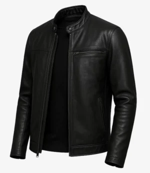 Sleek black leather jacket with a stand collar, zippered chest pocket, and side pockets, exuding a stylish, modern, and confident look.