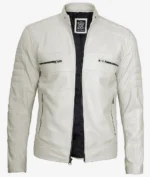 White leather jacket with front zipper closure and four zippered pockets; two on the chest and two at the waist. The style is modern and sleek.