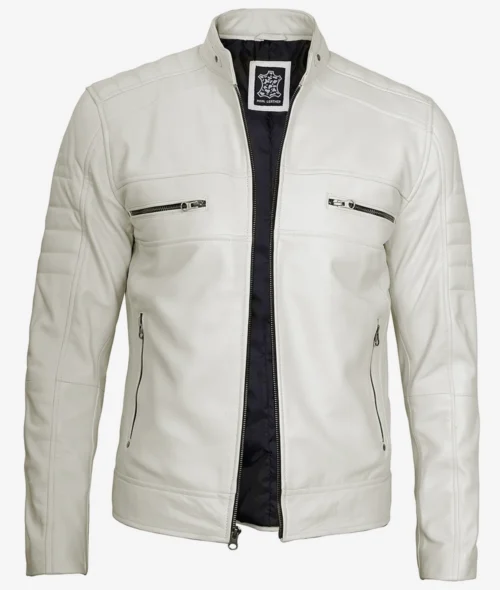 White leather jacket with front zipper closure and four zippered pockets; two on the chest and two at the waist. The style is modern and sleek.