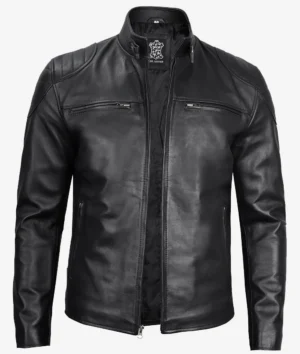 Black leather jacket with a high collar and zippered pockets, exuding a sleek and edgy look. The front zipper is partially open, highlighting its modern style.
