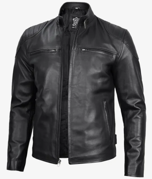 Sleek black leather jacket displayed on a plain background. Features include a stand collar, front zipper, and two zippered chest pockets, giving a stylish and edgy look.