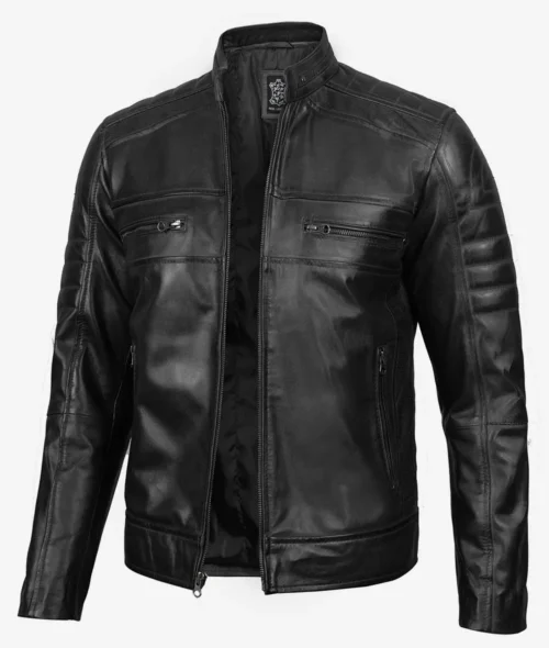 Black leather jacket with a sleek design, featuring zippered chest and side pockets. The jacket has a stand-up collar, exuding a trendy, modern vibe.