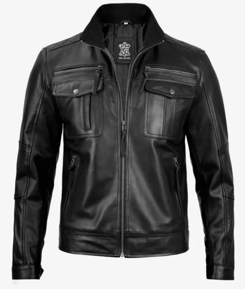 Black leather jacket with front zipper, chest pockets with flaps, zippered side pockets. Sleek, stylish, and classic design for a rugged look.