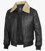 A black leather bomber jacket with a beige faux fur collar. It features ribbed cuffs and hem, two front pockets, and an open front. The style is classic and rugged.