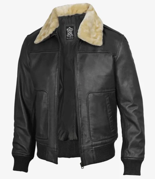 A black leather bomber jacket with a beige faux fur collar. It features ribbed cuffs and hem, two front pockets, and an open front. The style is classic and rugged.