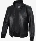 Premium men’s black cowhide leather bomber jacket with zippered sleeve pocket