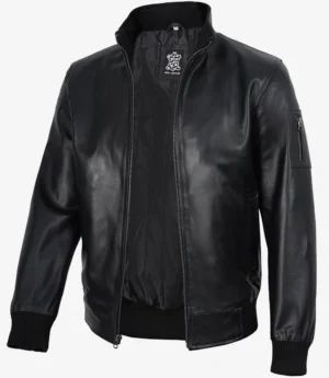 Premium men’s black cowhide leather bomber jacket with zippered sleeve pocket
