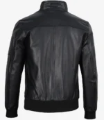 Back side Men’s classic black leather bomber jacket with ribbed cuffs and hem