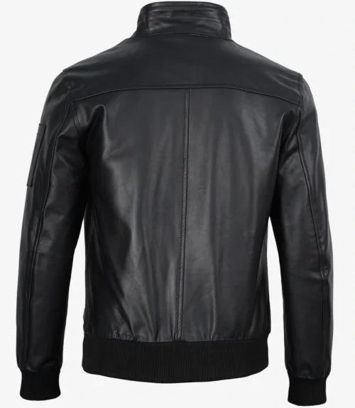 Back side Men’s classic black leather bomber jacket with ribbed cuffs and hem