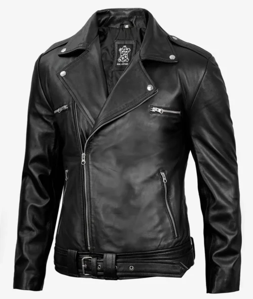 Black leather jacket with asymmetrical zipper, shiny metal studs, and zip pockets. The design conveys a classic and edgy biker style.