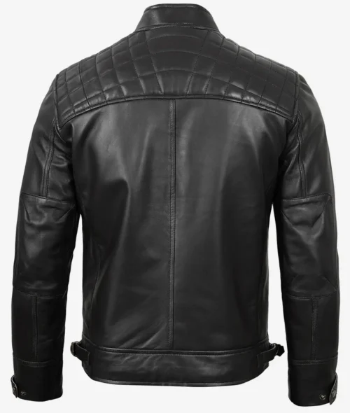Black leather jacket with quilted shoulders and adjustable waist straps, viewed from the back. The sleek, sturdy design conveys a sense of edgy style.