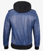 Back view of a blue leather jacket featuring a black hood and ribbed cuffs, showcasing its stylish design and modern look.