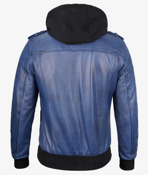 Back view of a blue leather jacket featuring a black hood and ribbed cuffs, showcasing its stylish design and modern look.