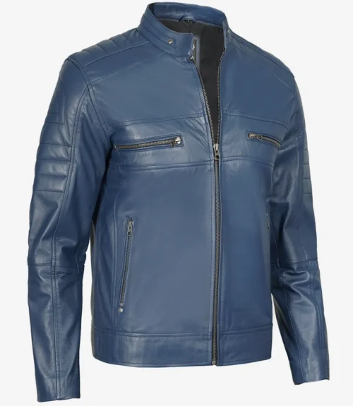 Blue leather jacket with a sleek design. Features a front zipper, two chest zip pockets, and padded shoulders, conveying a stylish, modern look.