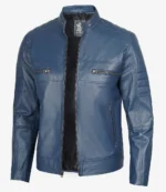 Blue leather biker jacket with quilted shoulder detail, zippered chest and side pockets, and a standing collar. Stylish and modern appeal.