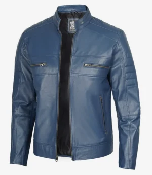 Blue leather biker jacket with quilted shoulder detail, zippered chest and side pockets, and a standing collar. Stylish and modern appeal.