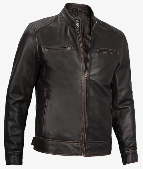 Dark brown leather jacket with a stand collar, front zipper, and zippered pockets. The sleek design conveys a stylish, modern vibe.