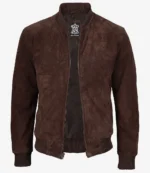 Men’s dark brown suede bomber jacket, front open straight-on