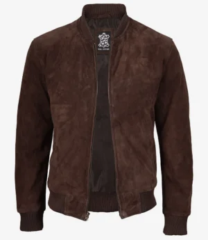 Men’s dark brown suede bomber jacket, front open straight-on